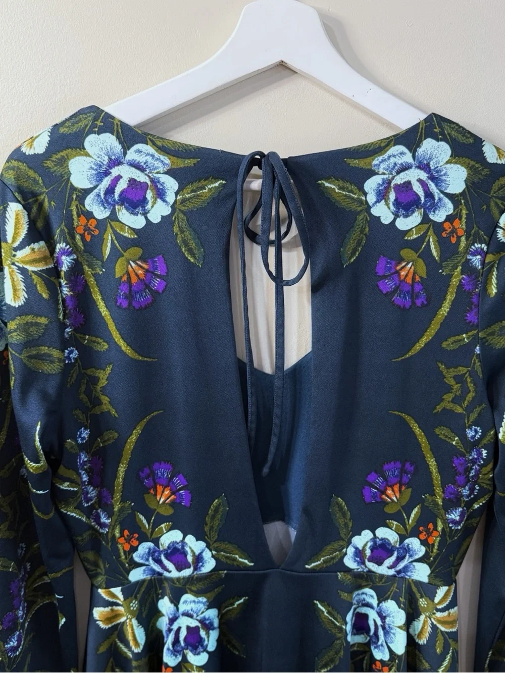 Free People Women M Teal Floral Bell Sleeve Mini Dress Open Back Boho Festival
